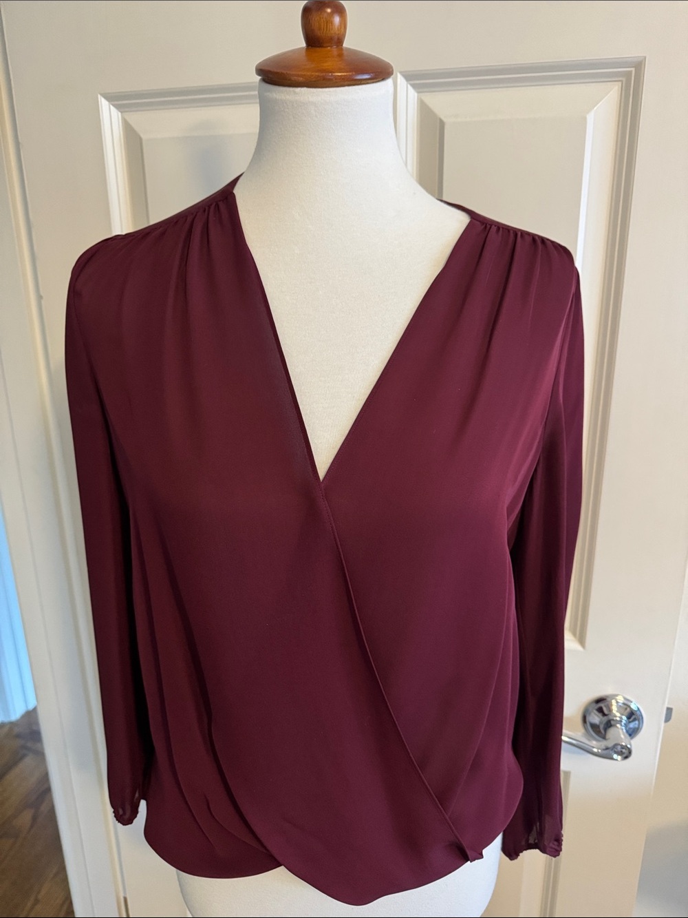 100% Silk Women’s V-Neck Surplice Blouse - Burgundy